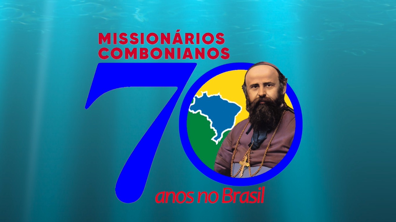logomarca dos 70 anos de presença dos missionarios combonianos no brasill, incluindo mapa, cores da bandeira e foro do fundador, são Daniel Comboni