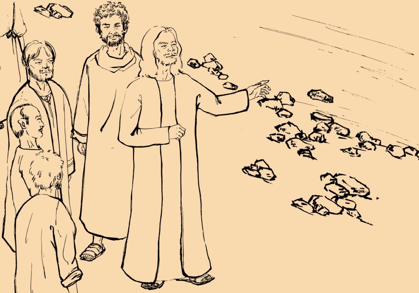 Joao batista à beira do lago aponta Jesus: Eis o cordeiro de Deus